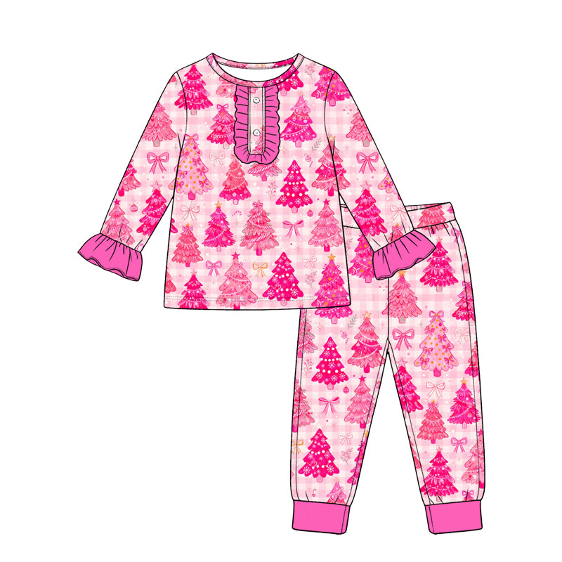 8.19 GLP3732 Preorder Tree Pink Bows Checkered Print Girls Christmas Pajamas Clothes Set