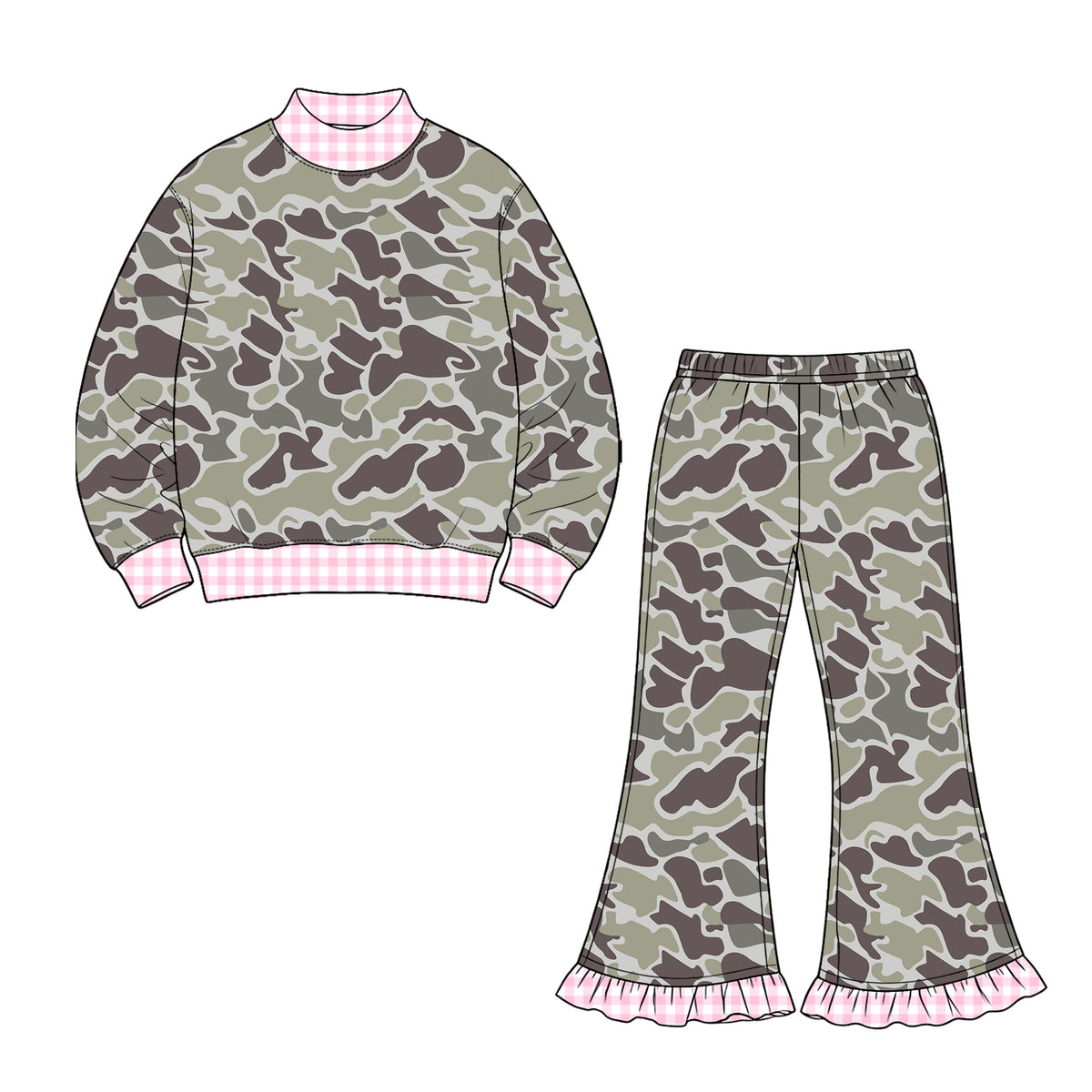 8.20 GLP3736 Preorder Dark Brown Camo Top Bell Pants Girls Fall Clothes Set
