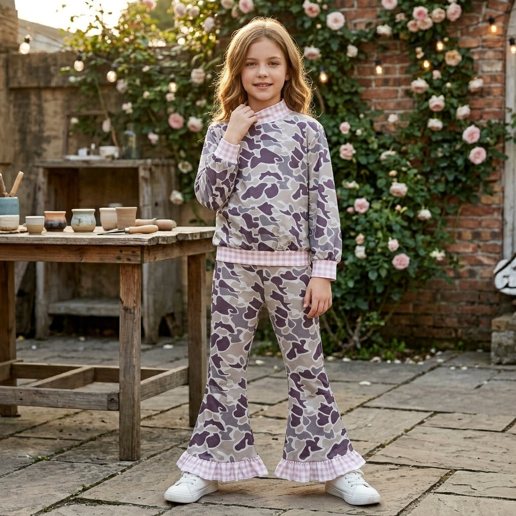 GLP3736 Dark Brown Camo Pink Gingham Mock Neck Top Bell Pants Girls Fall Clothes Set