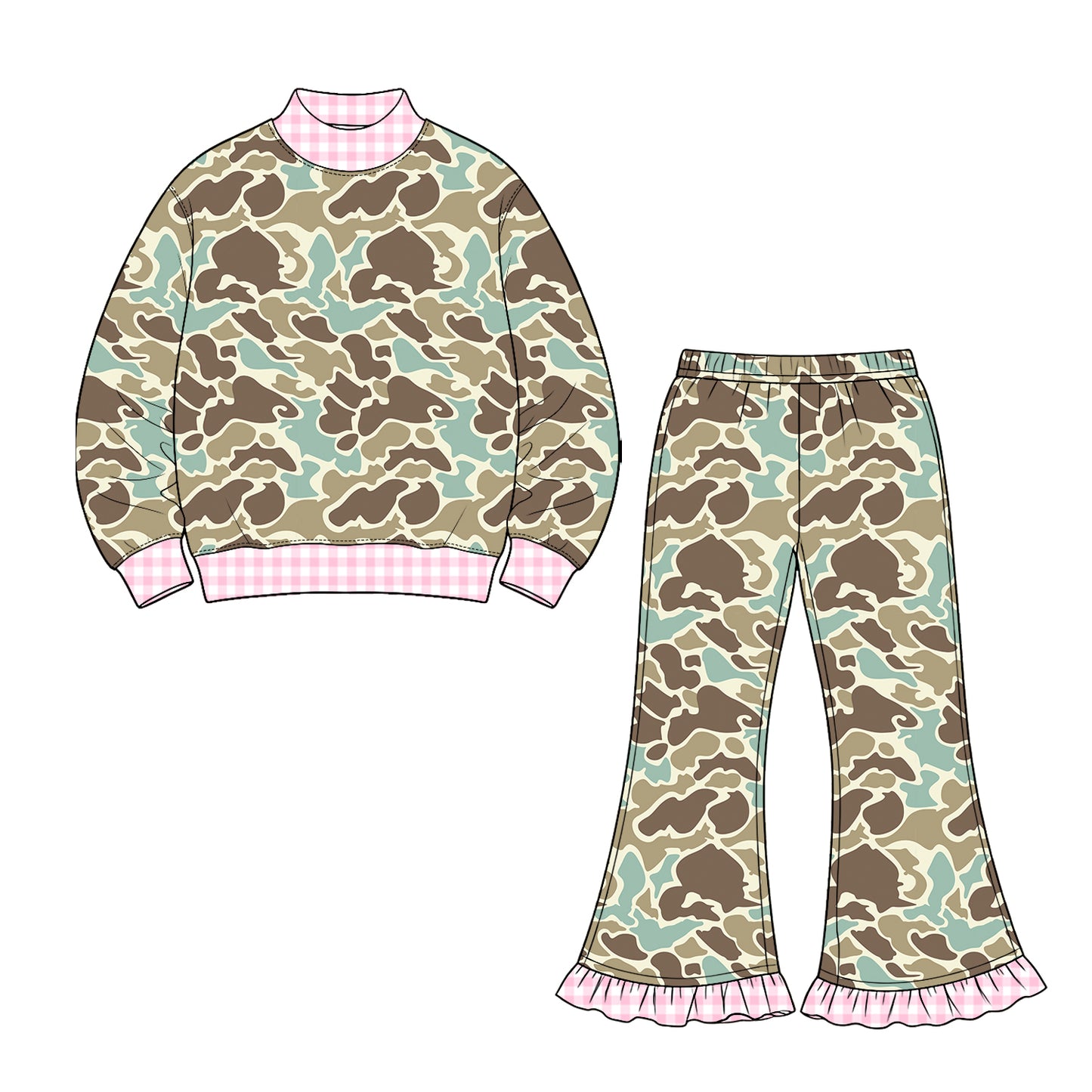 8.20 GLP3738 Preorder Brown Blue Camo Top Bell Pants Girls Fall Clothes Set