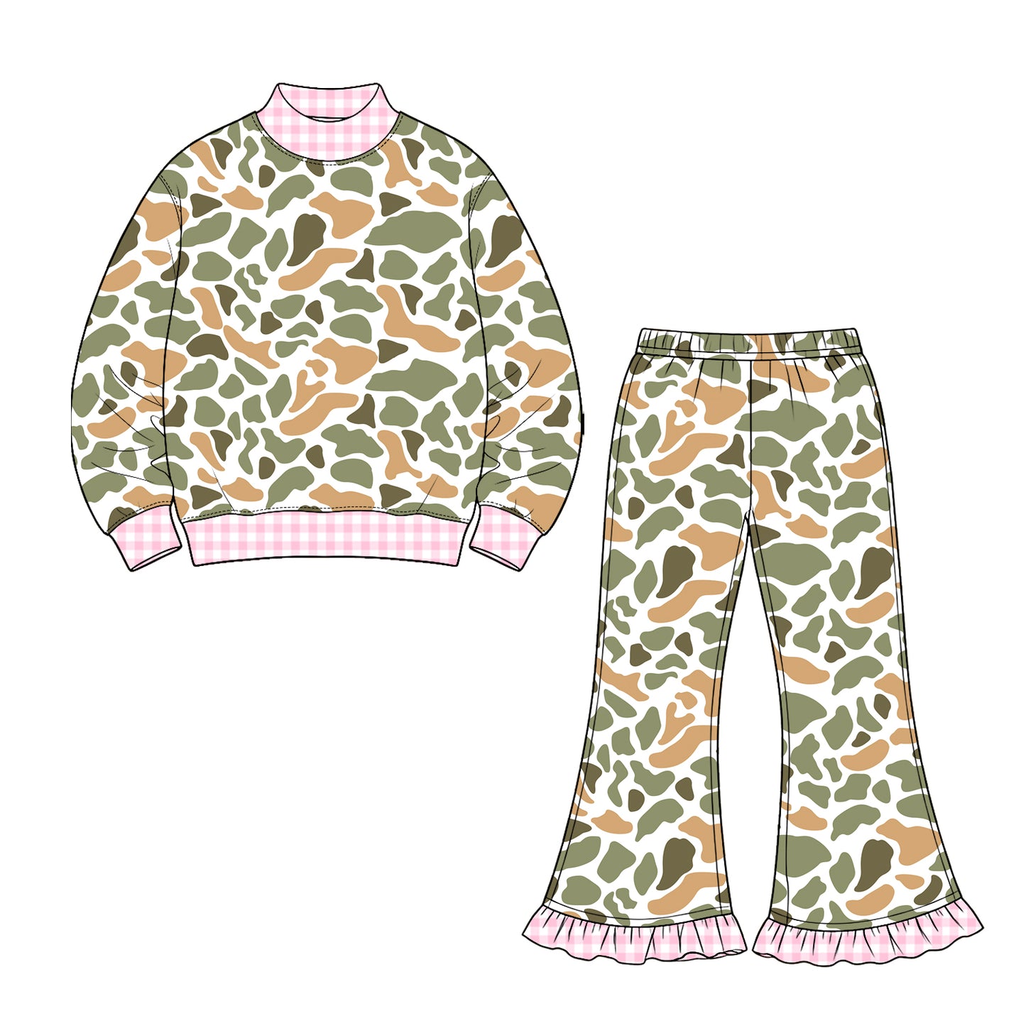 8.20 GLP3740 Preorder Green Orange Camo Top Bell Pants Girls Fall Clothes Set