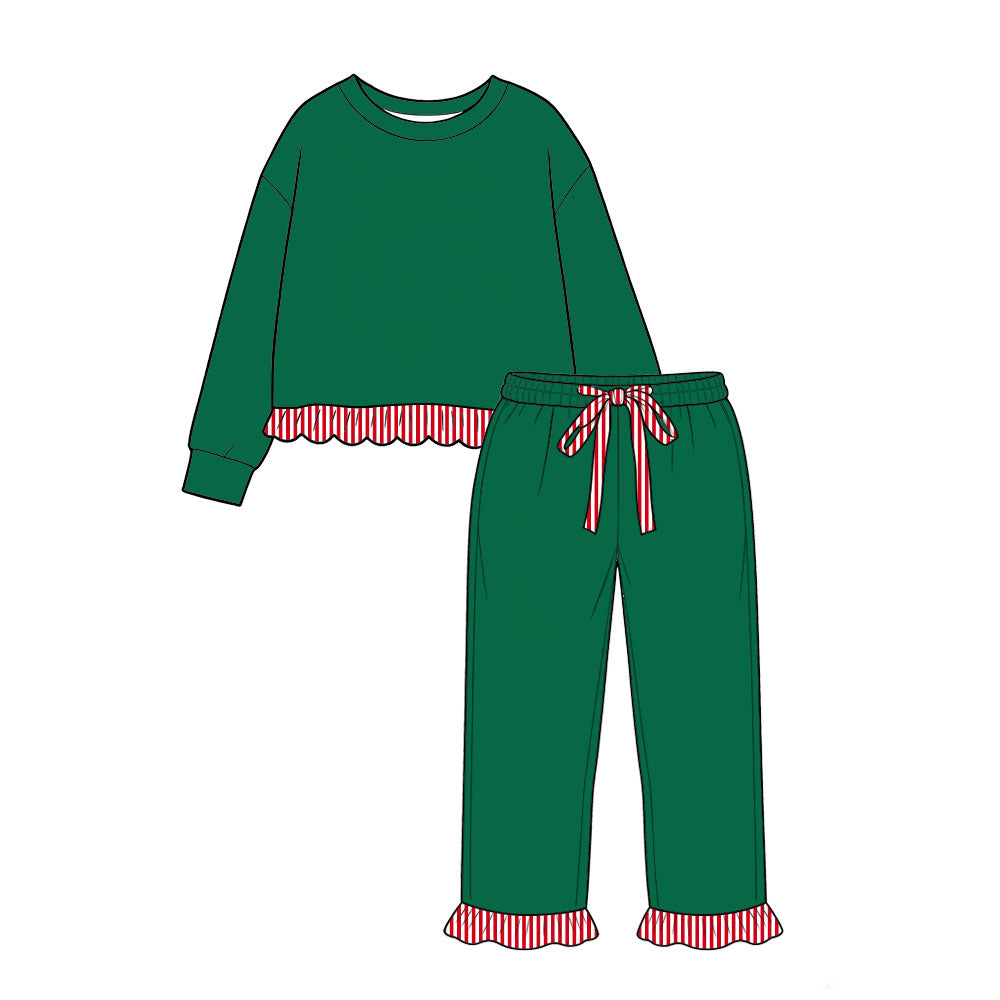 8.21 GLP3744 Preorder Green Long Sleeve Top Ruffle Pants Girls Christmas Clothes Set