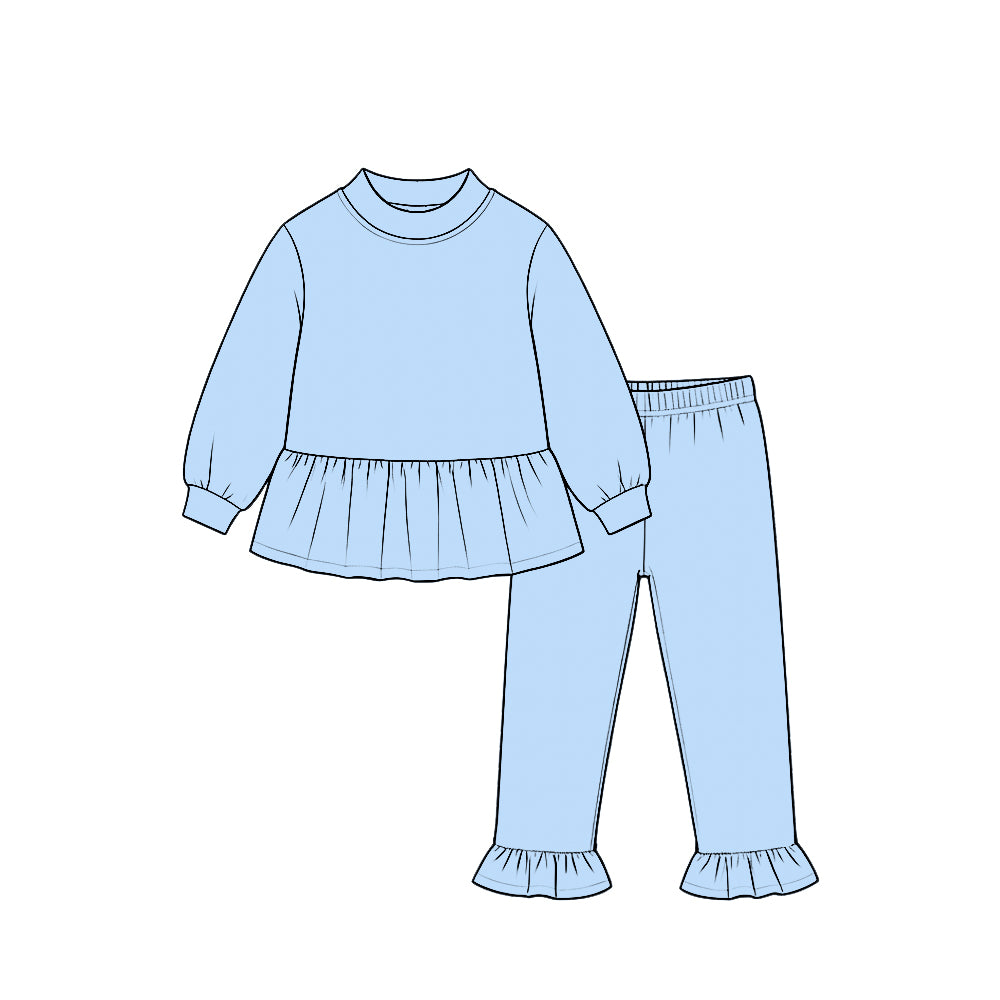 8.21 GLP3748 Preorder Blue Cotton Mocknecks Top Ruffle Pants Girls Clothes Set