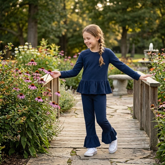 GLP3750  Navy Cotton Long Sleeve Top Ruffle Pants Girls Fall Clothes Set