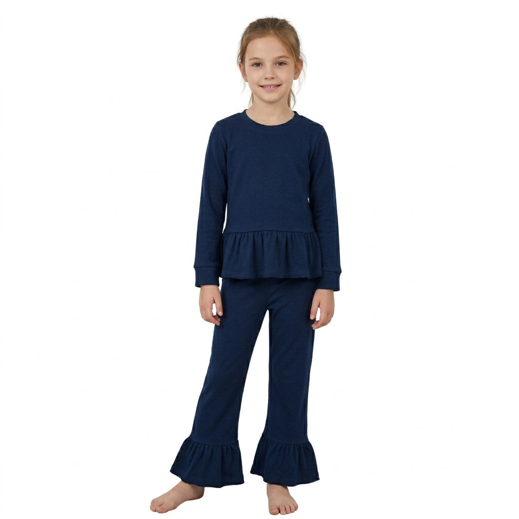 GLP3750  Navy Cotton Long Sleeve Top Ruffle Pants Girls Fall Clothes Set