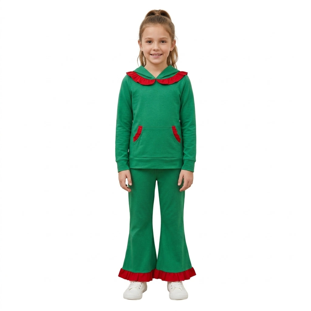 Green Cotton Pocket Hoodie Top Bell Pants Girls Christmas Clothes Set