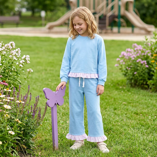 GLP3753 Light Blue Long Sleeve Top Ruffle Pants Girls Clothes Set