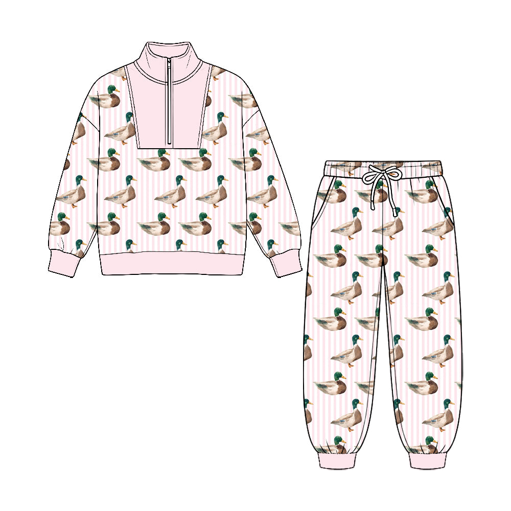 8.25 GLP3756 Preorder Duck Pink Stripes Print Zipper Top Pockets Pants Girls Clothes Set