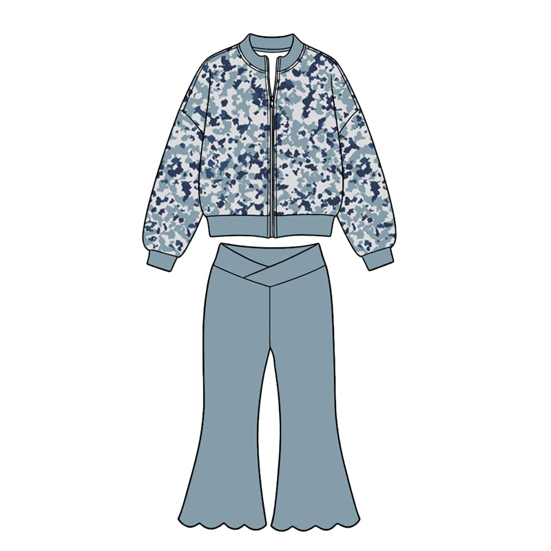 8.26 Preorder GLP3759 Kids Girls Light Blue Camo Jacket Cross Waist Scalloped Flare Pants Active Outfit