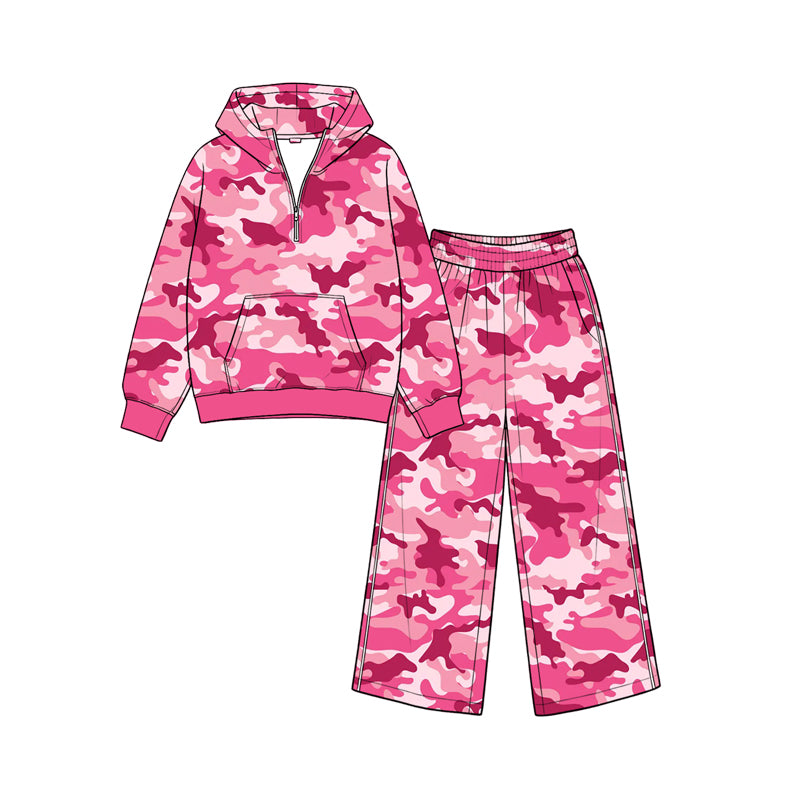 8.26 GLP3763 Preorder Pink Camo Print Zipper Hoodie Top Pockets Pants Girls Clothes Set