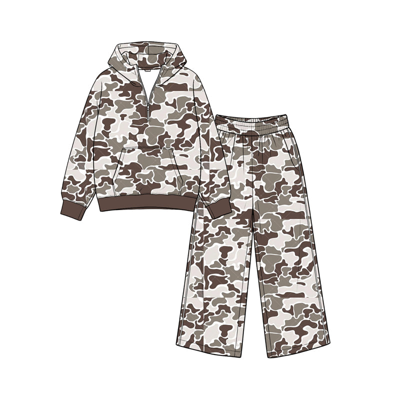 8.26 GLP3764 Preorder Brown Grey Camo Print Zipper Hoodie Top Pockets Pants Girls Clothes Set