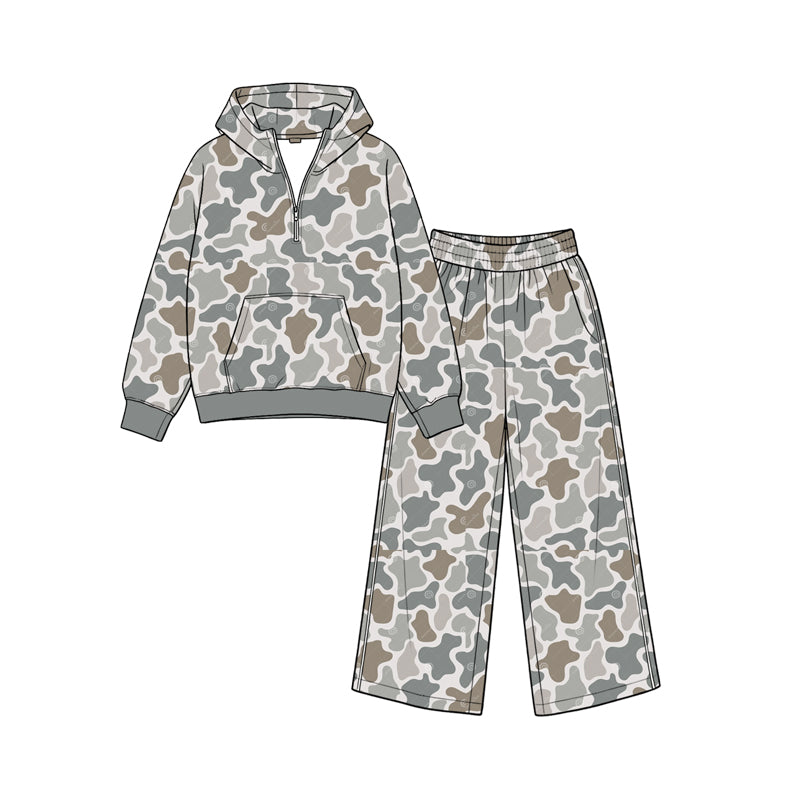 8.26 GLP3765 Preorder Brown Grey Camo Print Zipper Hoodie Top Pockets Pants Girls Clothes Set