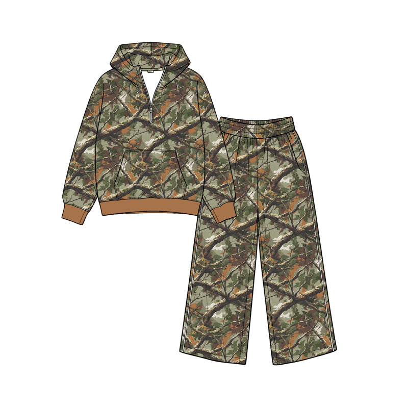 8.26 GLP3766 Preorder Branch Camo Print Zipper Hoodie Top Pockets Pants Girls Clothes Set