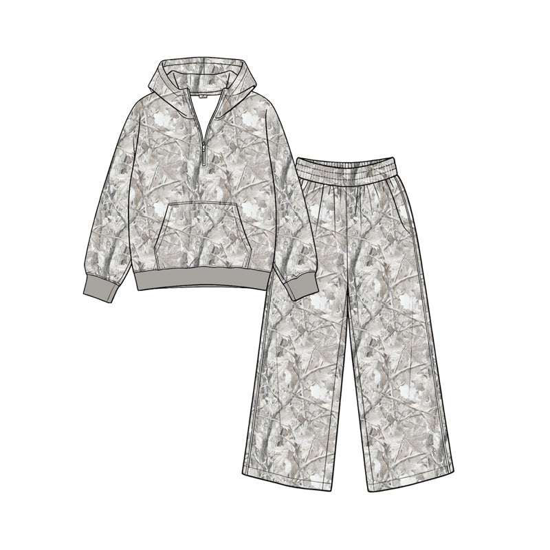 8.26 GLP3767 Preorder Grey Branch Camo Print Zipper Hoodie Top Pockets Pants Girls Clothes Set