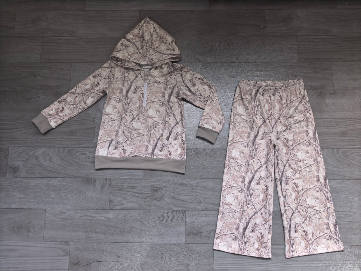 8.26 GLP3767 Preorder Grey Branch Camo Print Zipper Hoodie Top Pockets Pants Girls Clothes Set