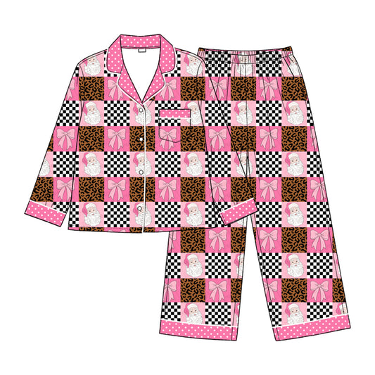 8.26 GLP3772 Preorder Santa Pink Bows Checkered Print Woman Christmas Pajamas Clothes Set