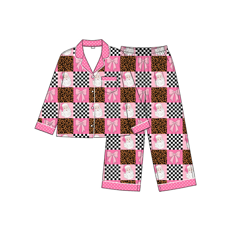 8.26 GLP3774 Preorder Santa Pink Bows Checkered Print Girls Christmas Buttons Pajamas Clothes Set