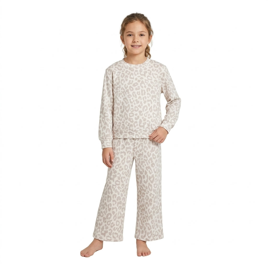 GLP3778 Grey Leopard Mock Neck Top Pockets Straight Pants Girls Clothes Set
