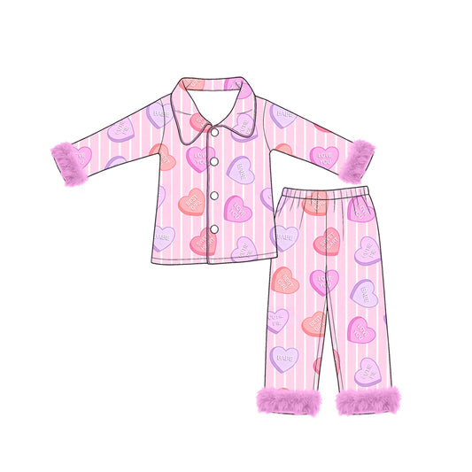 8.27 GLP3780 Preorder KIds Girls Heart Candy Long Sleeve Pajama Set with Fur
