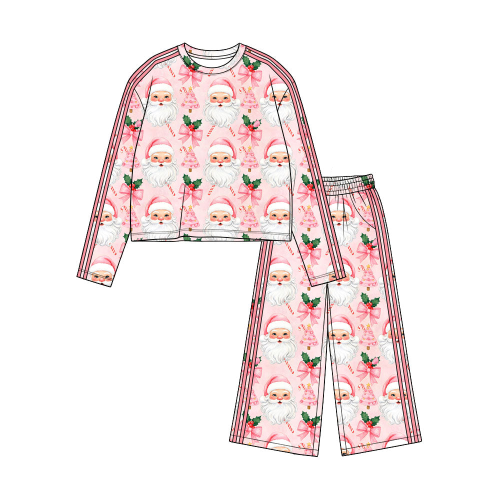 8.28 GLP3785 Preorder Santa Holly Candy Cane Bows Print Girls Christmas Clothes Set