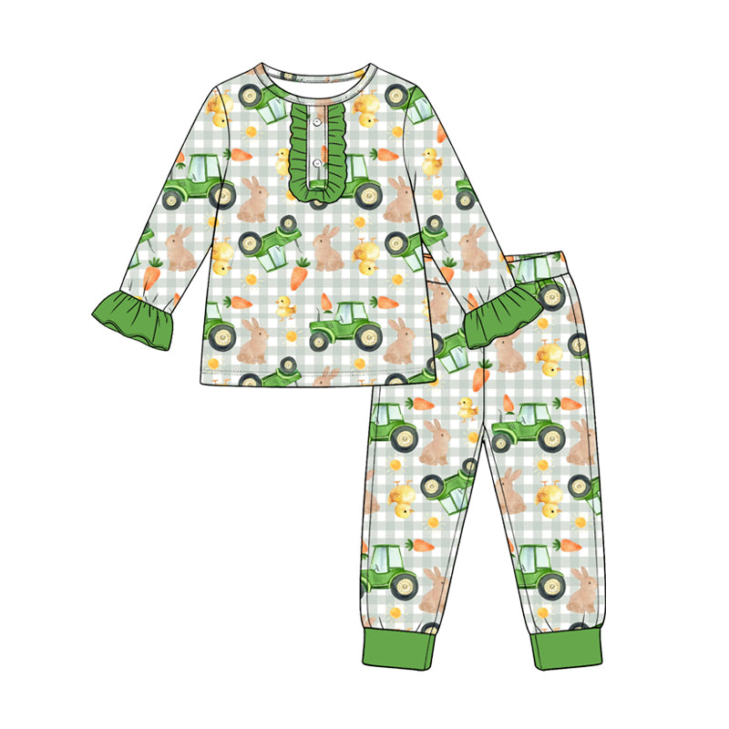8.28 Preorder Toddler Girls Easter Farm Tractor Bunny Long Sleeve Pajama Set