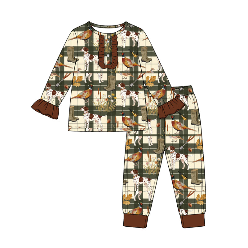 8.28 Preorder Toddler Girls  Hunting Dog Green Plaid Long Sleeve Pajama