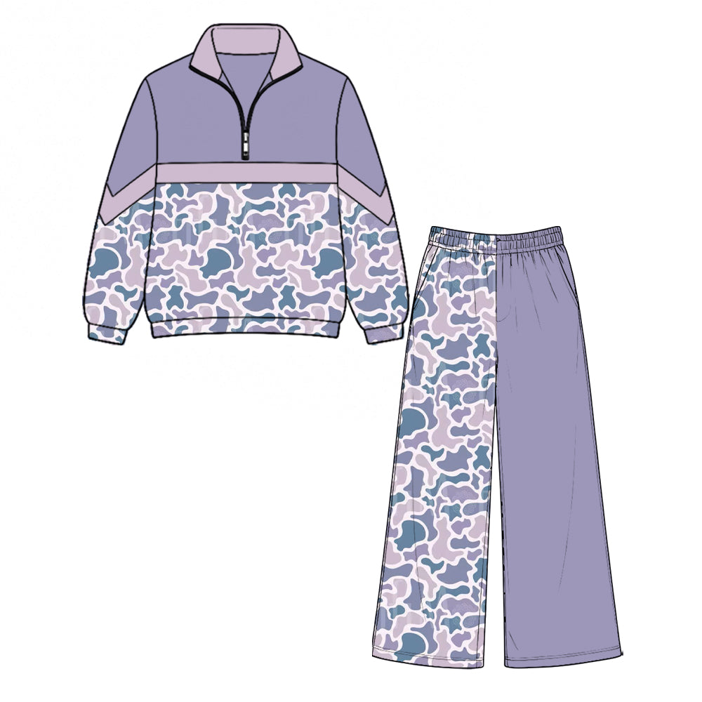 8.28 GLP3800 Preorder Purple Camo Zipper Top Pockets Straight Pants Girls Clothes Set
