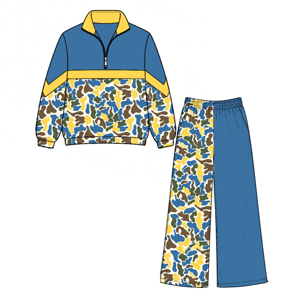 8.28 GLP3801 Preorder Yellow Blue Camo Zipper Top Pockets Straight Pants Girls Clothes Set