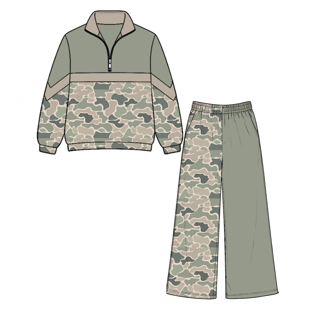 8.28 GLP3803 Preorder Green Khaki Camo Zipper Top Pockets Straight Pants Girls Clothes Set