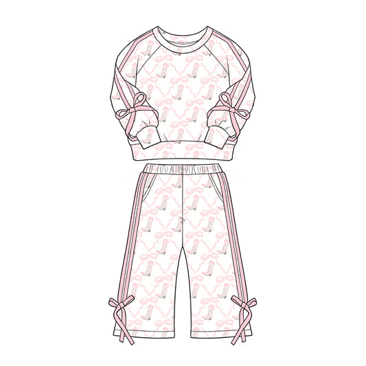 8.31 Preorder GLP3805 Baby Girls Pink Bow Boot Long Sleeve Top Wide Pants Outfit