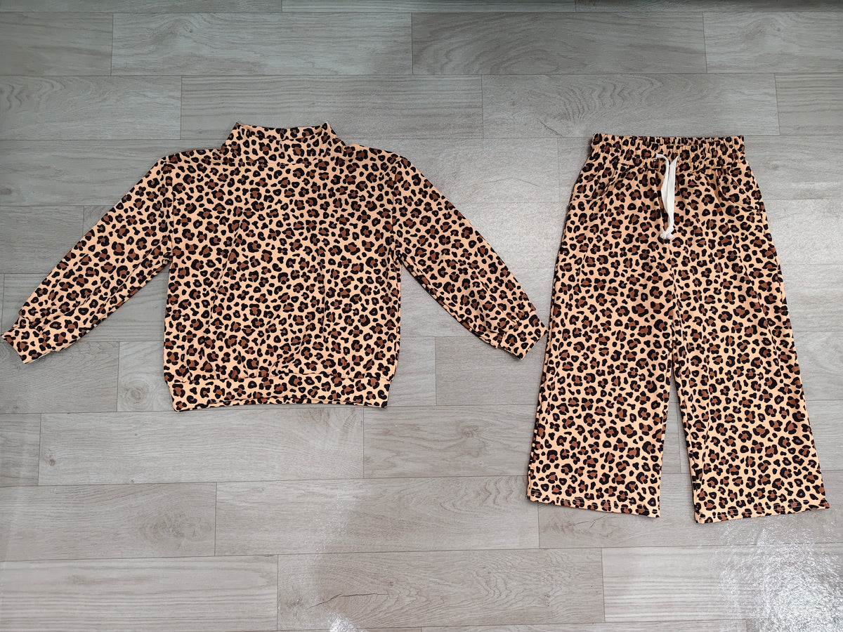 8.31 Preorder GLP3814 Baby Girls  Leopard Long Sleeve Mock Neck Top Wide Pants Active Outfit