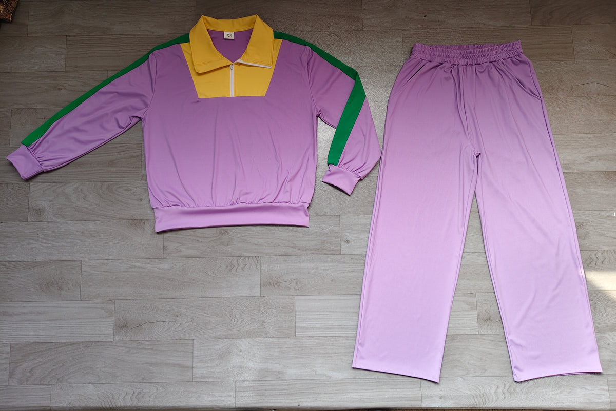 9.2 GLP3827 Preorder Adult Purple Zipper Pullover Top Straight Pockets Pants Woman Mardi Gras Yoga Clothes Set