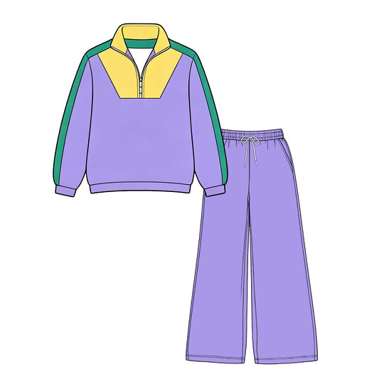 9.2 GLP3827 Preorder Adult Purple Zipper Pullover Top Straight Pockets Pants Woman Mardi Gras Yoga Clothes Set