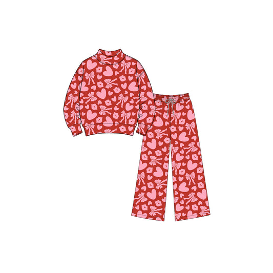 9.3 GLP3830 Preorder Baby Girls Valentine Heart Bow Mock Neck Top Wide Leg Pants Outfit