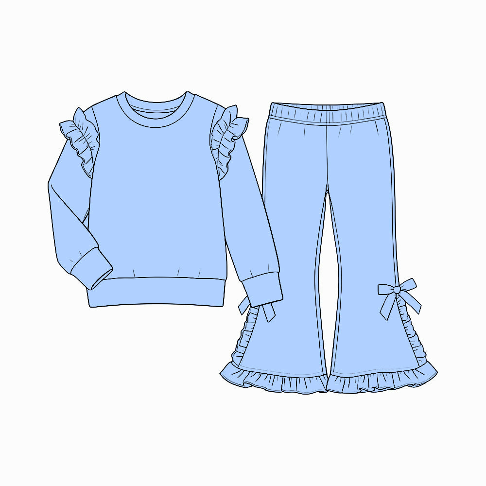 9.7 Preorder  GLP3834 Kids Girls Ruffle Blye Ruffle Top Bow Bell Bottom Pants Outfit