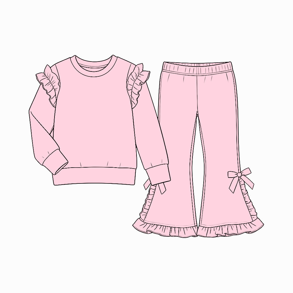 9.7 Preorder GLP3835 Kids Girls Pink Ruffle Top Bow Bell Bottom Pants Outfit