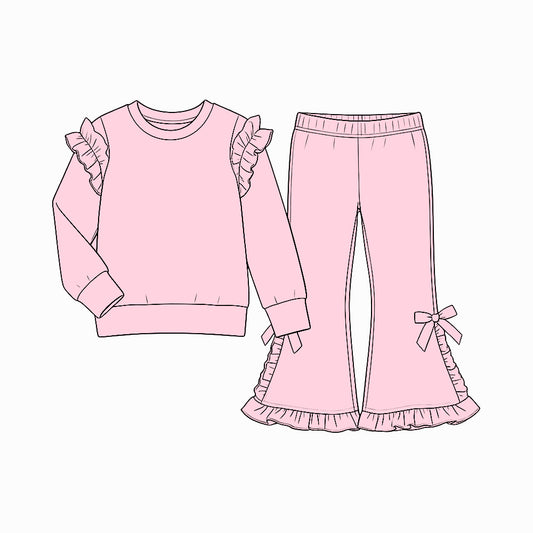 9.7 Preorder GLP3835 Kids Girls Pink Ruffle Top Bow Bell Bottom Pants Outfit