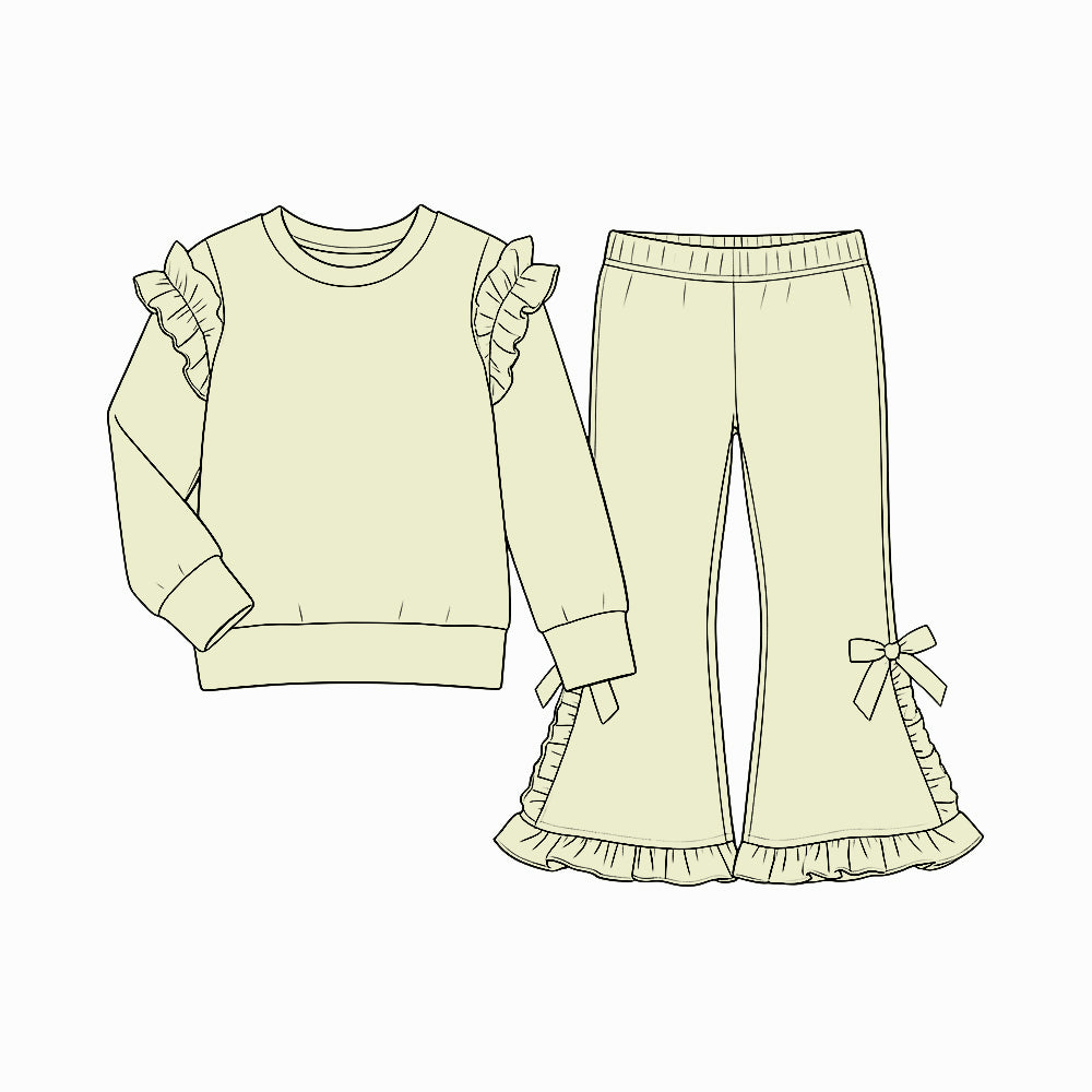 9.7 Preorder GLP3836 Kids Girls Cream Ruffle Top Bow Bell Bottom Pants Outfit
