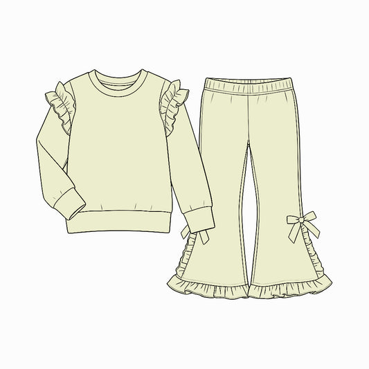 9.7 Preorder GLP3836 Kids Girls Cream Ruffle Top Bow Bell Bottom Pants Outfit