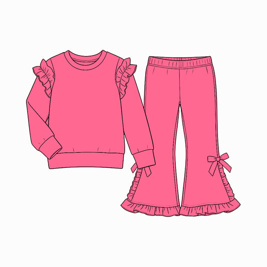 9.7 Preorder GLP3837 Kids Girls Hot Pink  Ruffle Top Bow Bell Bottom Pants Outfit