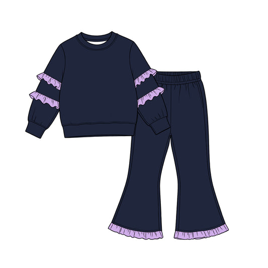 9.7 GLP3838 Kids Girls Navy Ruffle Sleeve Top Flare Pants Outift