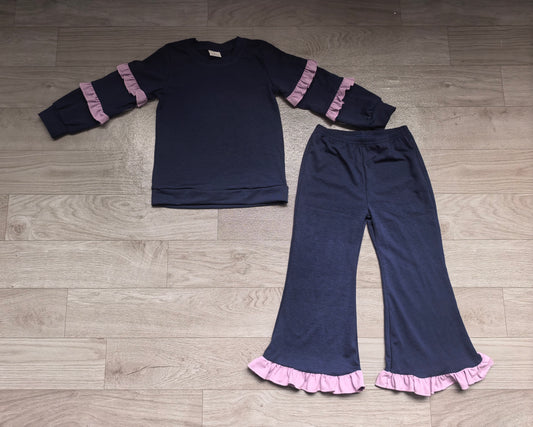 9.7 GLP3838 Kids Girls Navy Ruffle Sleeve Top Flare Pants Outift