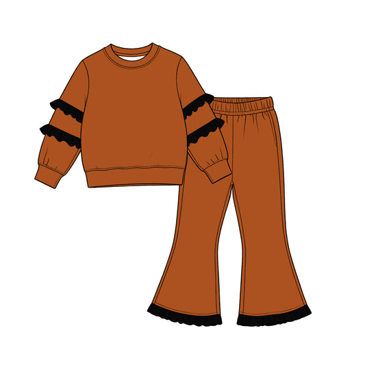 9.7 GLP3840 Kids Girls Orange Ruffle Black Sleeve Top Flare Pants Outift