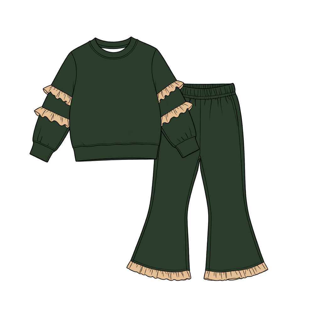 9.7 GLP3841 Kids Girls Dark Green Khaki Ruffle Sleeve Top Flare Pants Outift