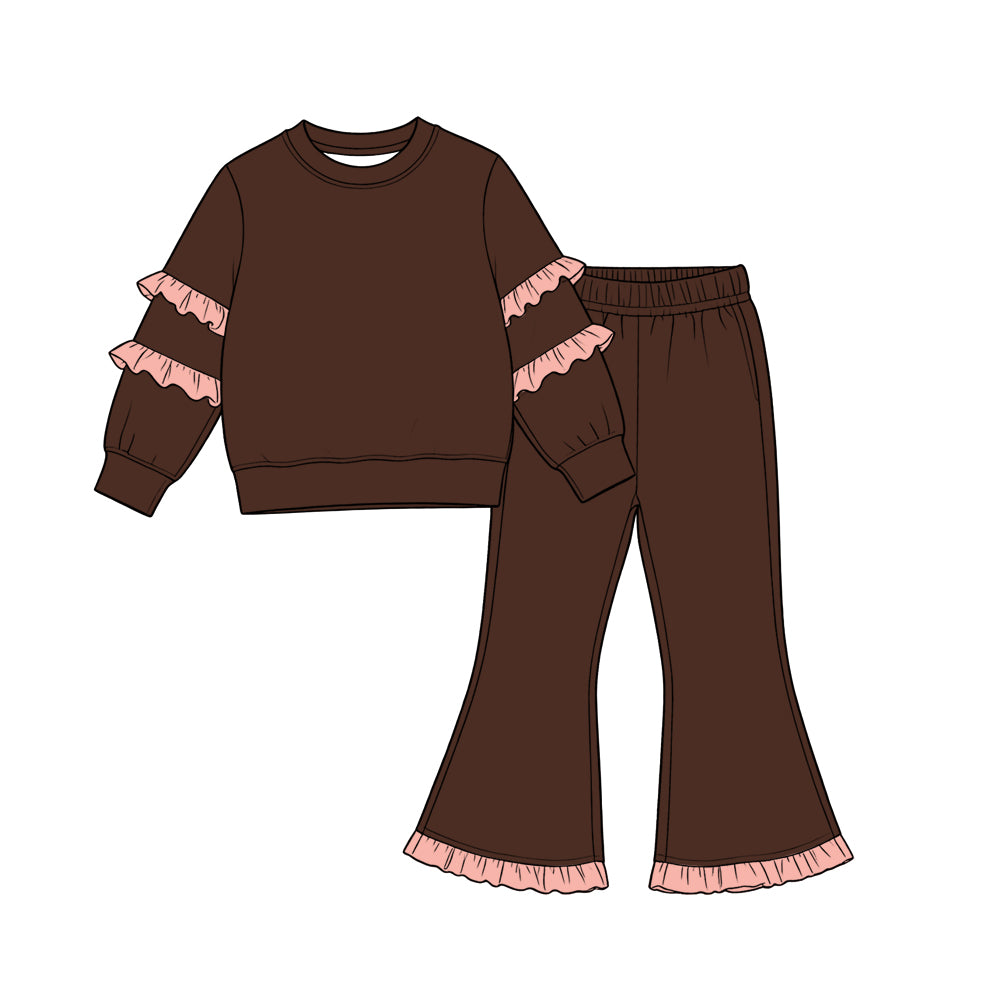 9.7 GLP3842 Kids Girls Brown Pink Ruffle Sleeve Top Flare Pants Outift