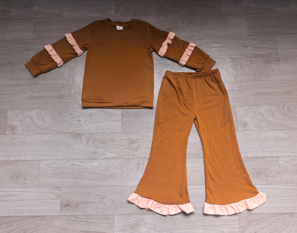 9.7 GLP3842 Kids Girls Brown Pink Ruffle Sleeve Top Flare Pants Outift