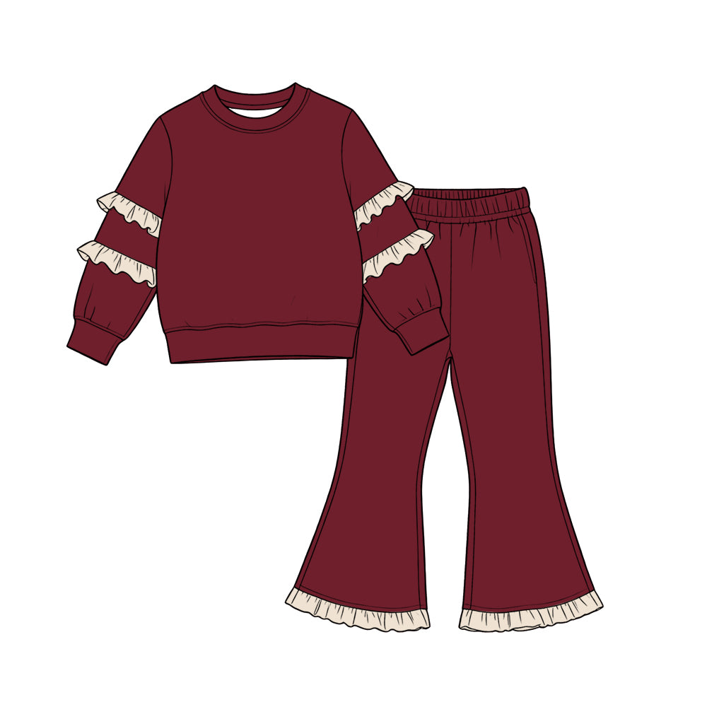 9.7 GLP3843 Kids Girls Maroon  Ruffle Sleeve Top Flare Pants Outift