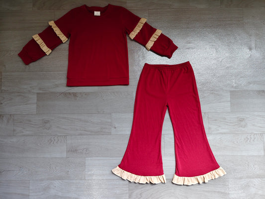 9.7 GLP3843 Kids Girls Maroon  Ruffle Sleeve Top Flare Pants Outift