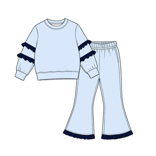 9.7 GLP3844 Kids Girls  Blue Navy Ruffle Sleeve Top Flare Pants Outift