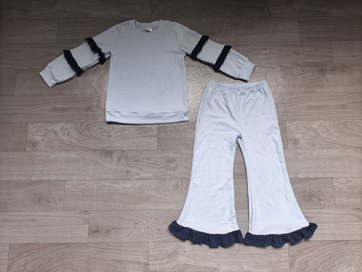 9.7 GLP3844 Kids Girls  Blue Navy Ruffle Sleeve Top Flare Pants Outift